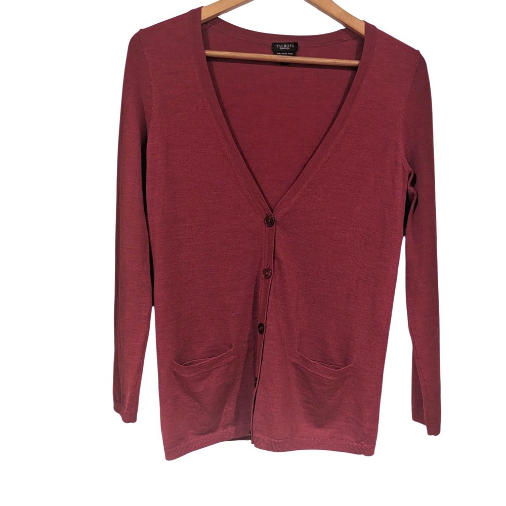 Talbots Cardigan S Red Italian Merino Wool V-Neck Button Front Pockets Classic